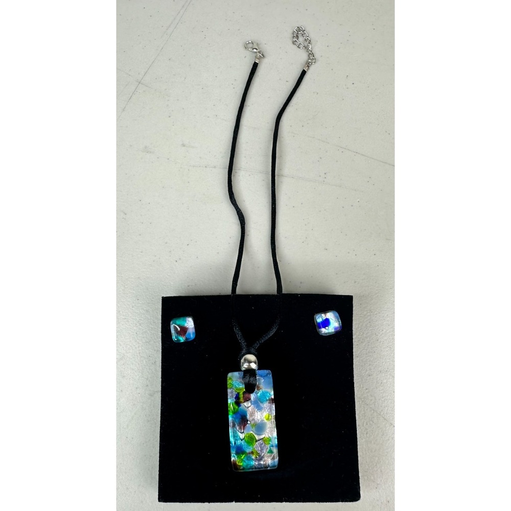 Murano Glass Women's Rectangle Pendant Necklace Stud Earrings Set Made In Italy - Picture 4 of 4